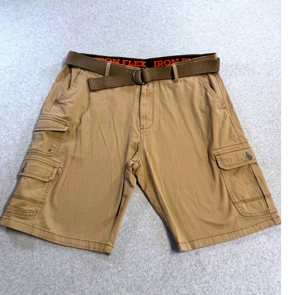 Iron Flex Cargo Shorts Mens 40 Tan Khaki Belted Utility Outdoor Hiking Workwear